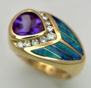 A Stunning 14K Yellow Gold, Amethyst, Diamond and Opal Inlay Kabana Ring. A vibrant trilliant
