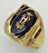 A Vintage 10K Gold Josten USA High School Graduation Ring. Blue stone centre with letter 'H' and