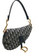 A Christian Dior Oblique Saddle Bag. Navy blue and beige Dior Oblique monogram canvas exterior