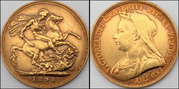 An 1894 Queen Victoria Full Sovereign Coin. 22K Gold.