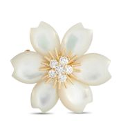 A Van Cleef & Arpels Rose de Noel 18K Yellow Gold 0.48ct Diamond and Mother of Pearl Brooch.