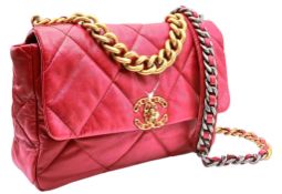 A Chanel Lambskin Quilted Large Chanel 19 Flap Bag. Deep red/burgundy quilted lambskin leather