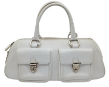 A Burberry White Leather Barrel Handbag. White grained leather exterior with silver-tone hardware,