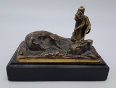 An Antique Bronze Featuring a Playful Monkey and Resting Fox. Unmarked on a wood base. 11 x 7cm