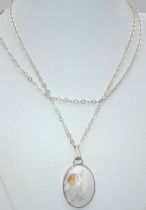 A 925 Sterling Silver large jasper Stone Set Pendant Necklace - 78cm length. The necklace is