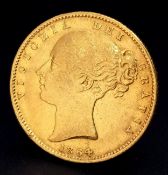 AN 1864, QUEEN VICTORIA, YOUNG HEAD, SHIELD BACK, DIE NUMBER 86, FULL SOVEREIGN COIN. 22K GOLD.