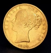 AN 1864, QUEEN VICTORIA, YOUNG HEAD, SHIELD BACK, DIE NUMBER 86, FULL SOVEREIGN COIN. 22K GOLD.
