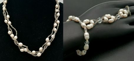 An Attractive Freshwater Pearl Necklace and Bracelet Set. The set is set with irregular freshwater