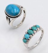 A Pair of 925 Sterling Silver Turquoise Set Dress Rings. One ring is set with five oval turquoise