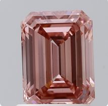 A 1.25CT Emerald cut Lab-Grown Diamond. Color FANCY VIVID PINK, clarity VS1. IGI certified. Cert no: