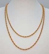A 9K Yellow Gold (tests as) Rope Chain Necklace. 66cm. 6.4g. Note: clasp is gold plated.