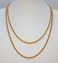 A 9K Yellow Gold (tests as) Rope Chain Necklace. 66cm. 6.4g. Note: clasp is gold plated.