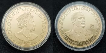 A 2022, PRINCE WILLIAM, 40TH BIRTHDAY, GOLD PROOF, DOUBLE SOVEREIGN COIN. WITH BOX AND PAPERS FROM