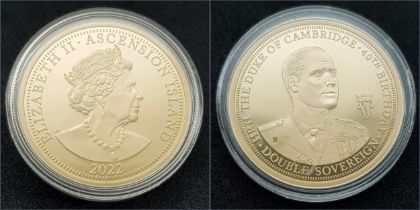 A 2022, PRINCE WILLIAM, 40TH BIRTHDAY, GOLD PROOF, DOUBLE SOVEREIGN COIN. WITH BOX AND PAPERS FROM