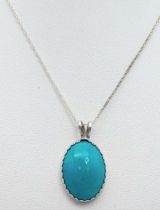 A 925 Sterling Silver turquoise Stone Set Pendant Necklace - 46cm length. The necklace is fitted