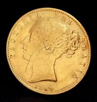 AN 1869, QUEEN VICTORIA, YOUNG HEAD, SHIELD BACK, DIE NUMBER 2, FULL SOVEREIGN COIN. 22K GOLD. C