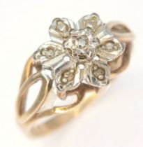 Beautiful Vintage 9 CARAT GOLD RING with DIAMONDS SET IN PLATINUM in Floral Formation. 2.6 Grams.