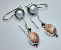 Two vintage Pairs of 925 Sterling Silver Stone Set Drop Earrings. One pair is set with oval pink