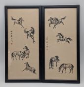 A Pair of Chinese Ink and Wash Horse Paintings on Silk. Each depicting studies of horses in