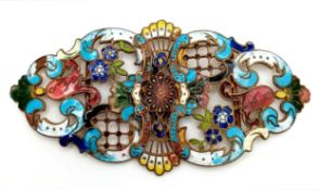An Antique Chinese Enamel Belt Buckle. Floral motif. Yellow metal. 11.3cm length x 6cm height.