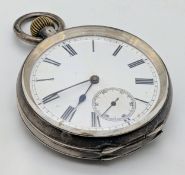 An Antique Continental 935 Silver Open Face Pocket Watch. Featuring a white enamel dial with Roman