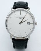 A Stylish Frederique Constant Slimline Quartz Gents Watch. Black leather strap. Stainless steel case