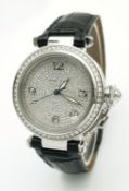 A Pasha de Cartier Diamond Set Automatic Ladies Watch. Black leather strap with Fold-Over Clasp.
