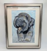 Bubbles the Elephant - Acrylic on Paper by the British Artist Valli Lawrence. In frame - 40 x 32.