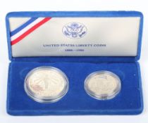 USA Liberty Coins, Silver Proof 1886-1986 Two Coin Set, Dollar and Half Dollar, in box