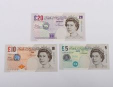 British, Bank of England, Lowther, Twenty, Ten and Five Pounds, B386 DD32 352268, B390 BH21