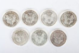Seven USA Liberty Fine Silver 1oz coins, (7)