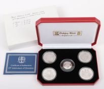 Pobjoy Mint, 25th Anniversary of Liberation of Falkland Islands, silver proof set, five coins in