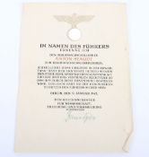 Large WW2 German nomination document to special profession teacher Anton Staudt, Berlin 5.1.1943