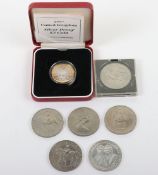 1997 Silver Proof £2, a 1961-1976 2 Dinars Kuwait (.500 28g), with five commemorative crowns, (7)