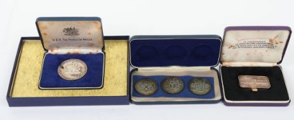 Three silver coin sets including, 3-coin set of Sailing of Mayflower and Pilgrim Fathers (each