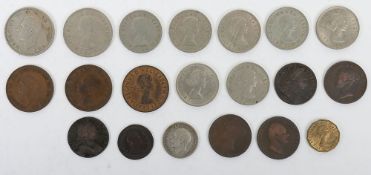 A selection of coins including 1773 Halfpenny (aEF), 1724 Farthing (VF), 1855 Halfpenny (VF+),