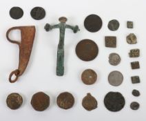Various hammered and milled coins, including 1696 Sixpence, Roman Denarii, Jeton, Folis, Mogul