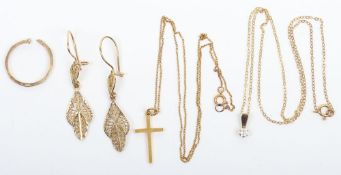 A selection of 9ct items, including earrings, cross and chain, pendant chain, and a single earrings,