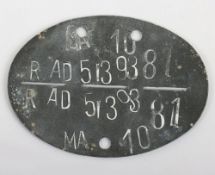 WW2 German RAD ID Dog Tag. Stamped to both halves MA 10 RAD 513 9381 in good condition.