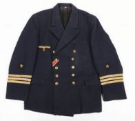 German Kriegsmarine Style Officers Tunic, fine blue wool tunic with double row of gilt metal