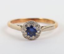 An 18ct synthetic sapphire and diamond cluster ring,
