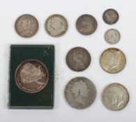 Various silver coinage, including 1859 Florin, 1819 Crown, Ascension Island 1oz Silver,