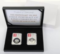 The Datestamp UK 2022 First Portrait of King Charles III Silver 50p and £5 Pair,