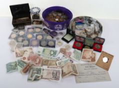 A large quantity of GB coinage including a number of Commemorative Crowns, One Pound Notes, Pennies,