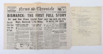 WW2 1941 Bismarck Situation Report by H.M.S.Suffolk.