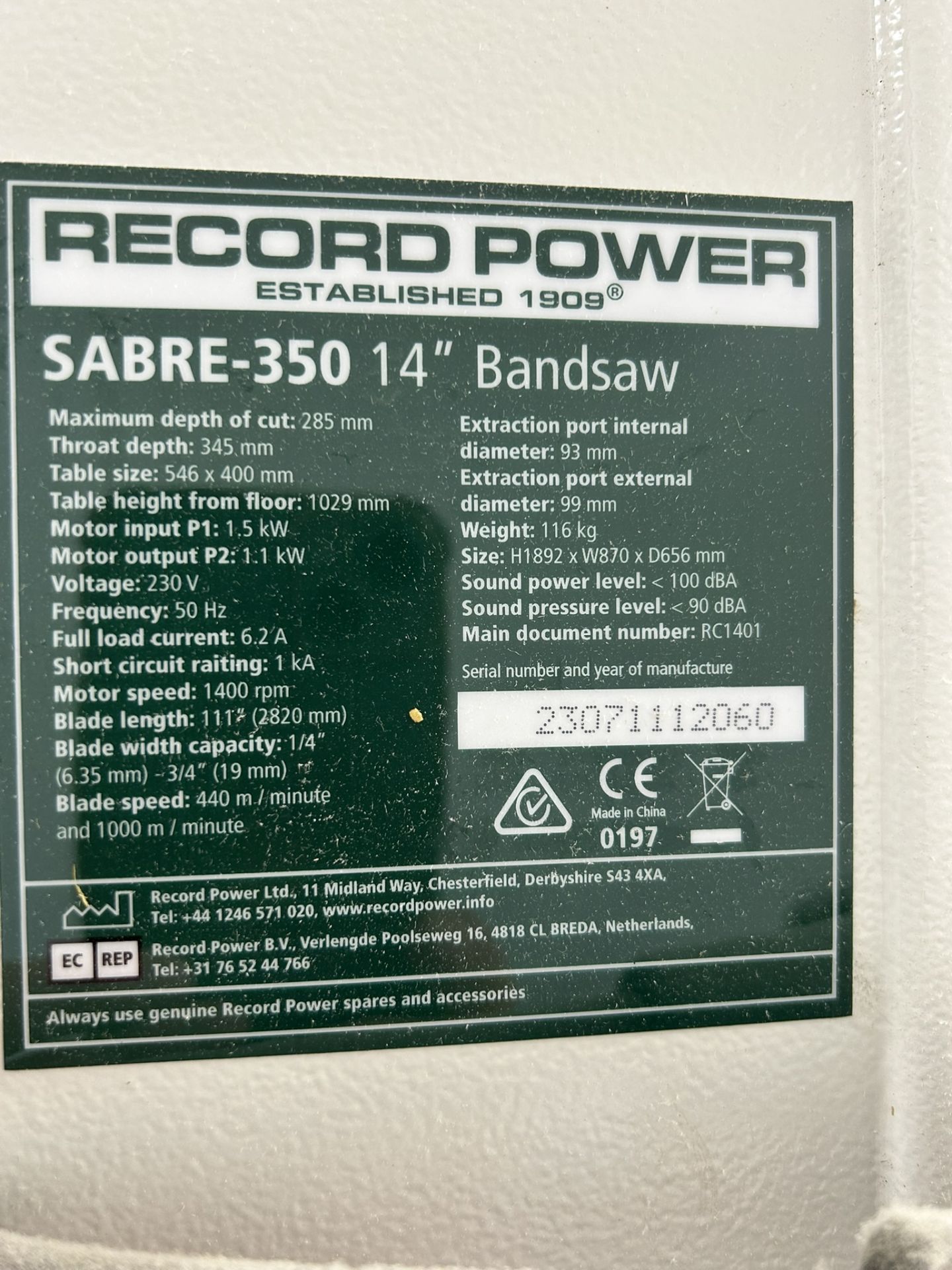 Record Power Sabre-350 14" Bandsaw with Dust Extractor - Image 4 of 11