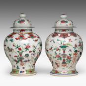 A pair of Chinese famille rose 'One Hundred Antiquities' covered vases, 19thC, total H 45 cm