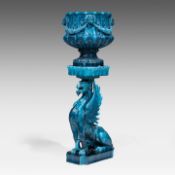 Clement Massier (1844/45-1917), a turquoise glazed ceramic jardiniere on a Chimera stand 127 cm. (50