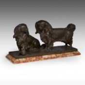 Frans Jochems (1880-1949), two Pekingese dogs, patinated bronze, cast by Corbeels, Antwerp The bronz