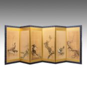A Japanese six-panel byobu folding screen with six individual 'Bird and Flower' paintings on a gold-